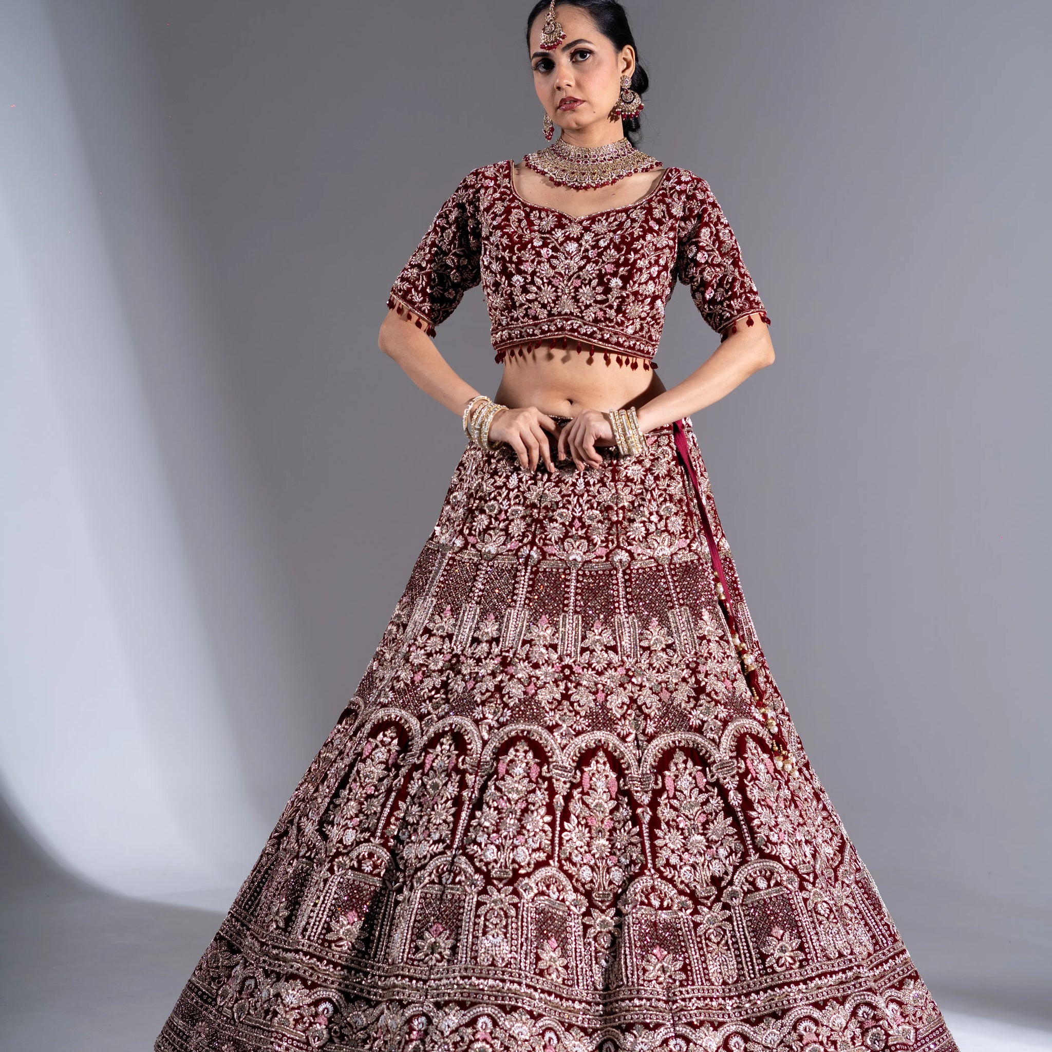 Deep Maroon Velvet Silver Zardosi Embroidered Bridal Lehenga