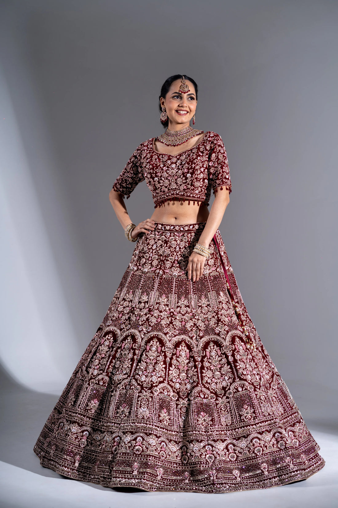 Deep Maroon Velvet Silver Zardosi Embroidered Bridal Lehenga
