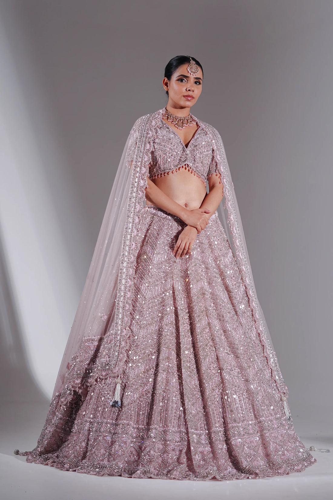 Lilac Lavender Geometric Silver & Mirror Work Bridal Lehenga