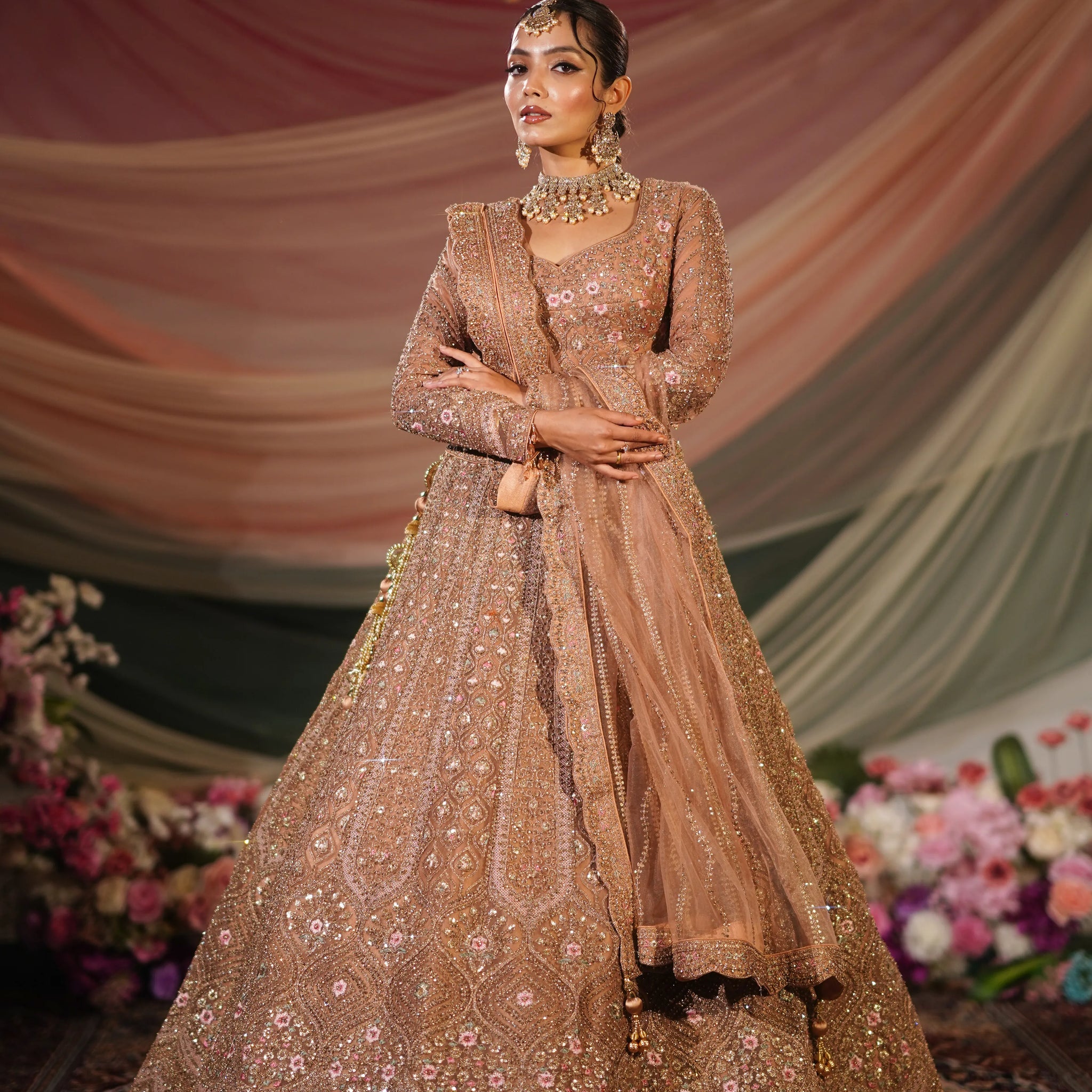 Antique Dusty Rose Resham & Zardosi Embroidered Lehenga Set