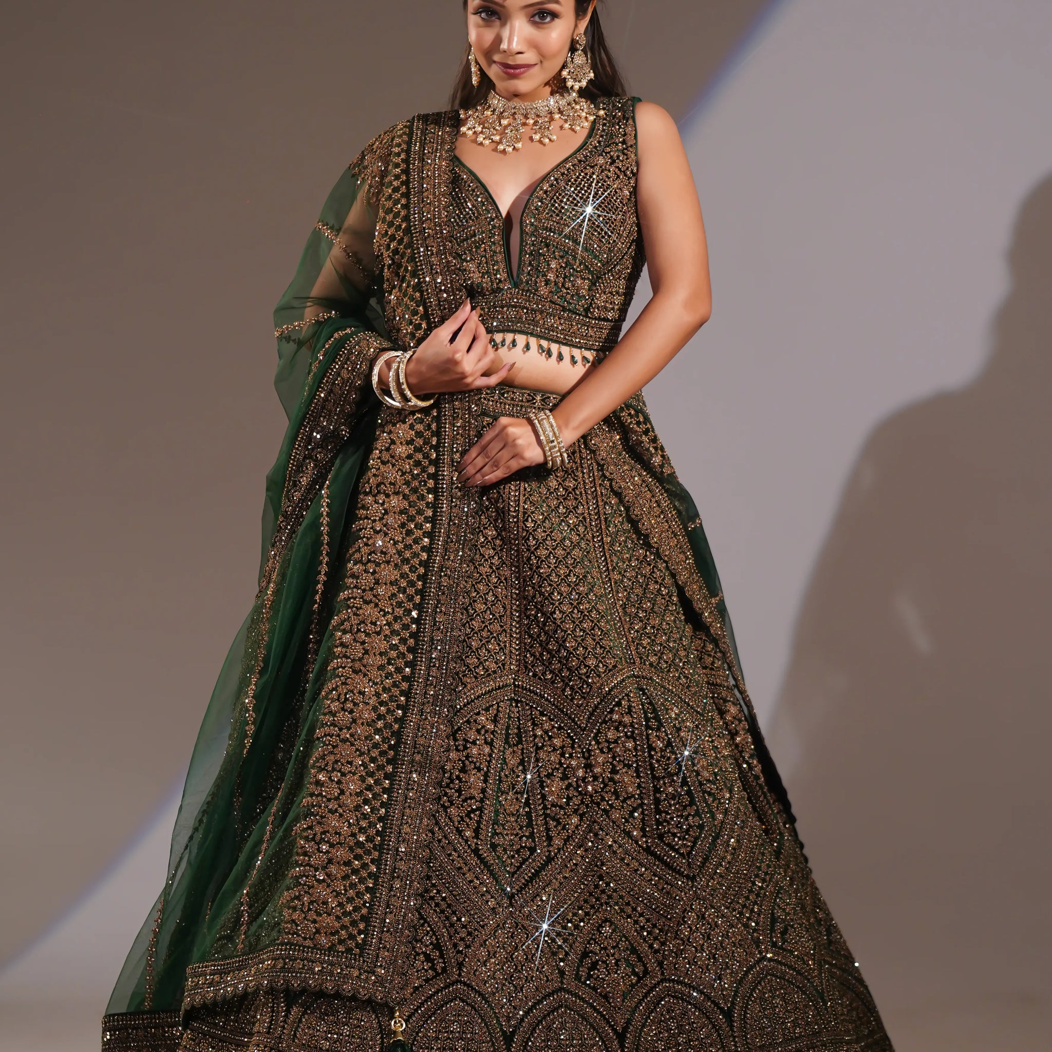 Emerald Green Velvet Geometric & Arch Embroidered Lehenga Set