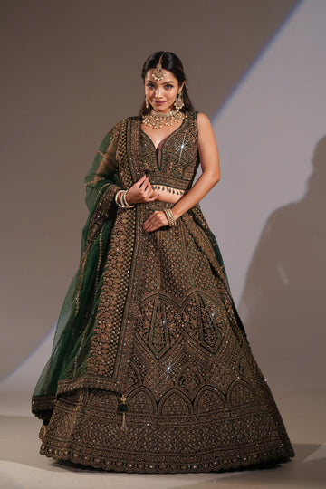 Emerald Green Velvet Geometric & Arch Embroidered Lehenga Set