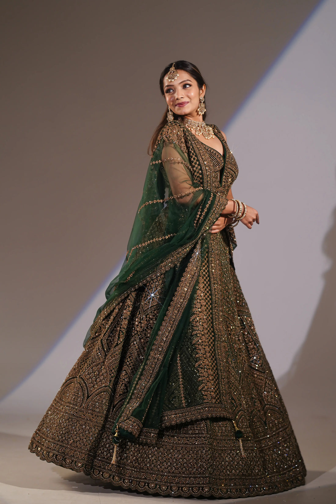 Emerald Green Velvet Geometric & Arch Embroidered Lehenga Set