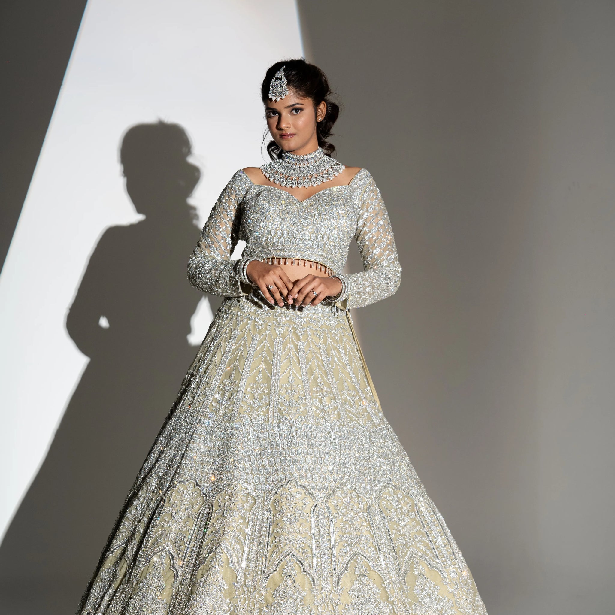 Pale Lime Green & Silver Crystal Embroidered Bridal Lehenga
