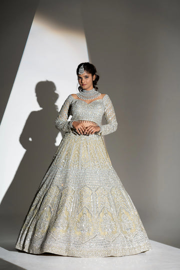 Pale Lime Green & Silver Crystal Embroidered Bridal Lehenga