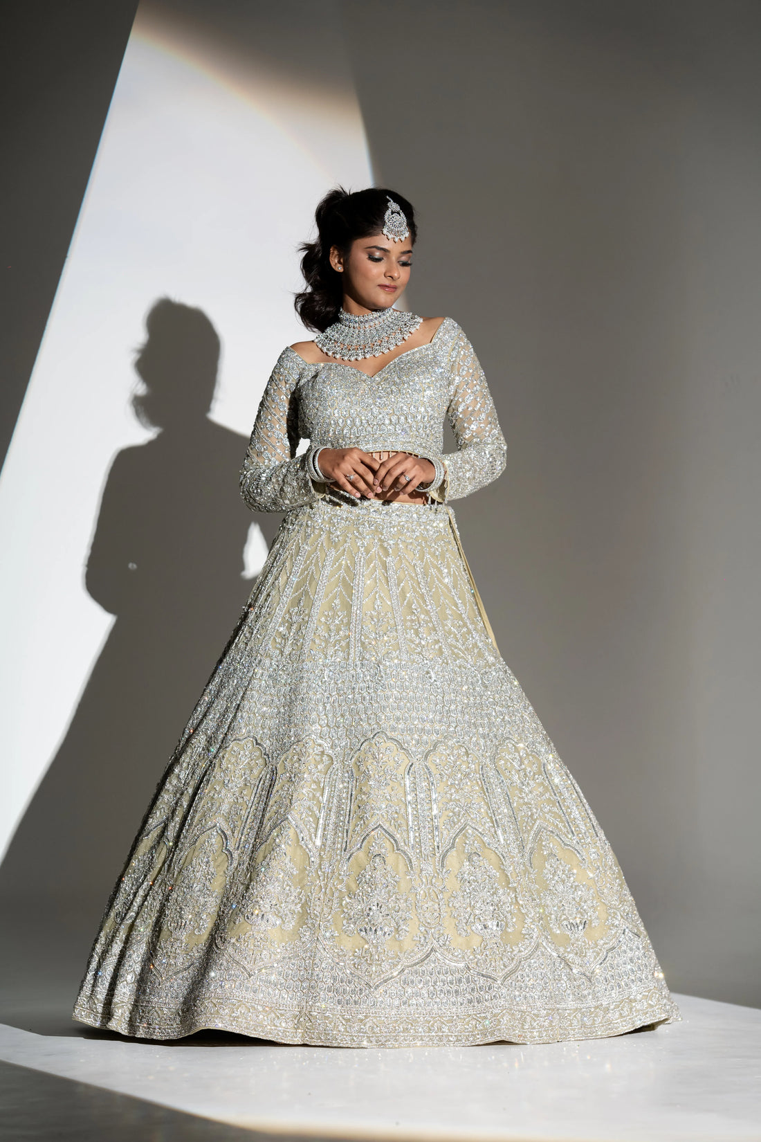 Pale Lime Green & Silver Crystal Embroidered Bridal Lehenga