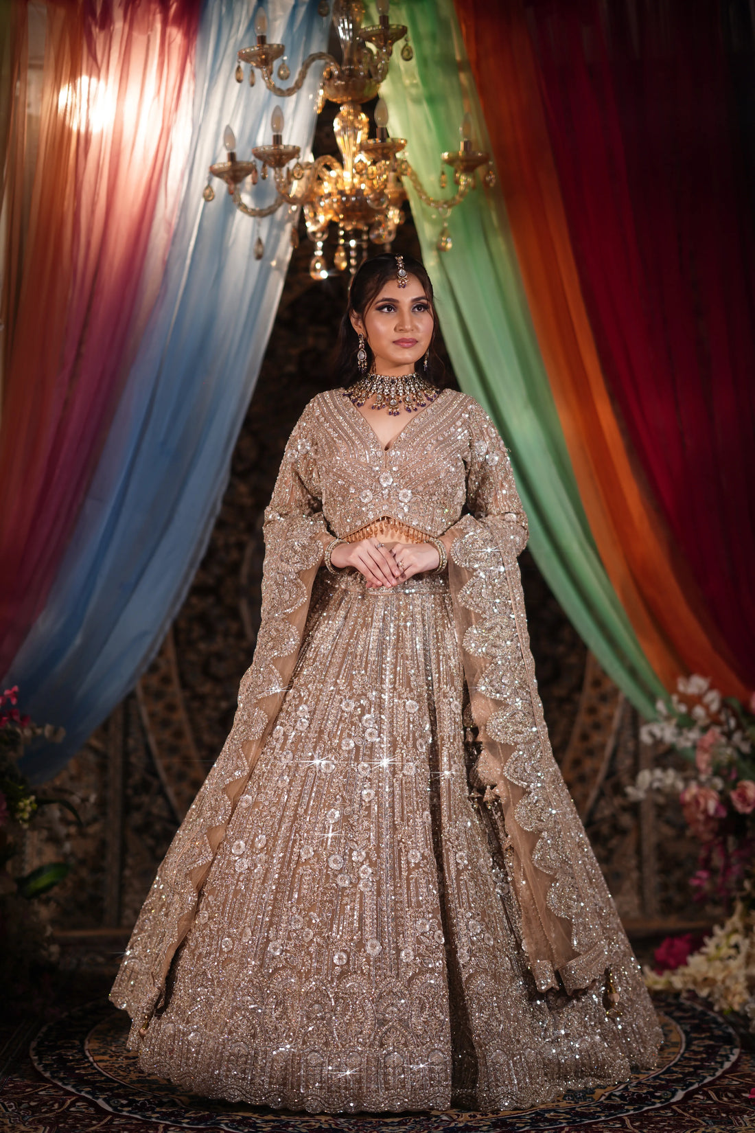 Champagne Beige 3D Floral & Crystal Embroidered Lehenga Set
