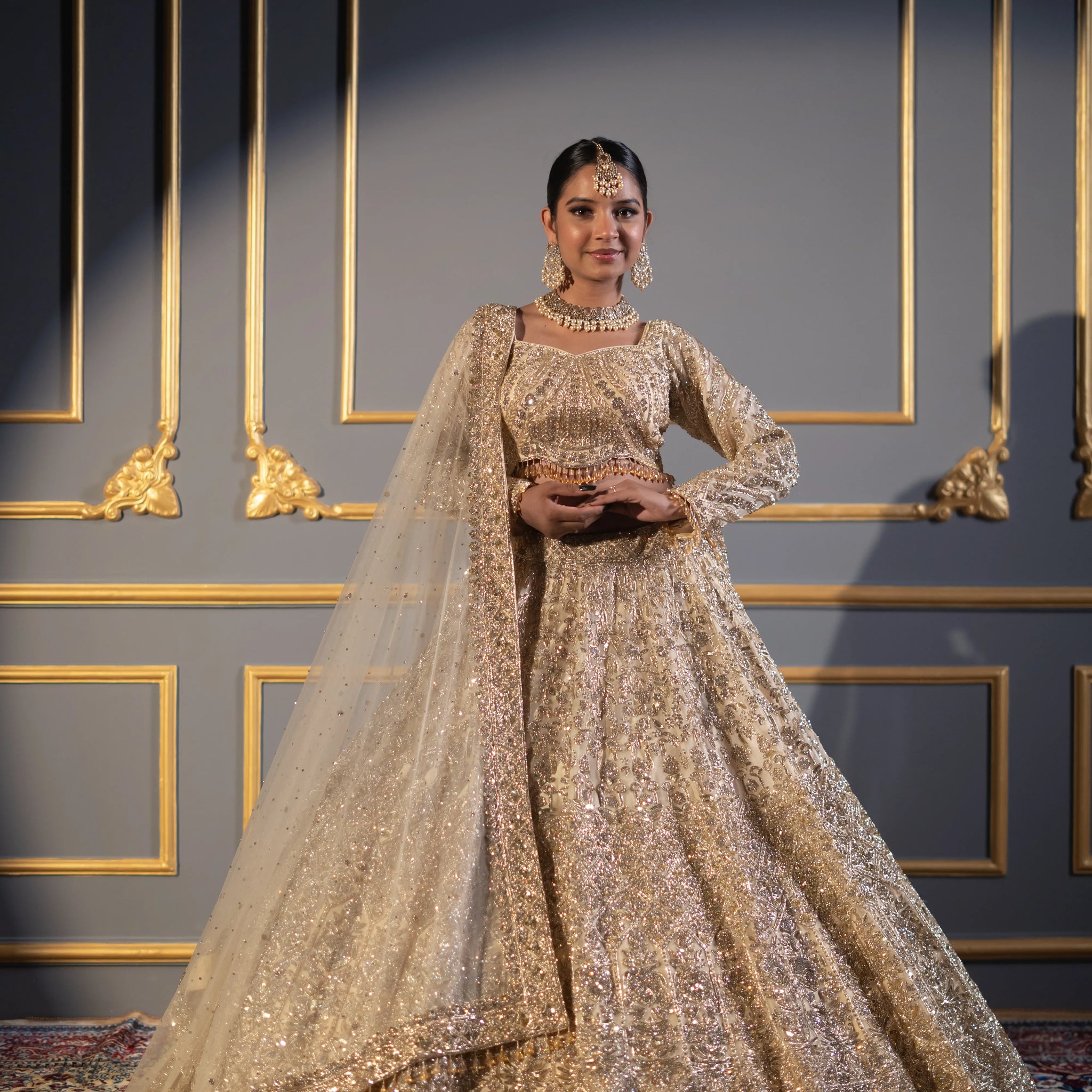 Champagne Gold Heavy Cutdana & Sequin Embroidered Bridal Lehenga
