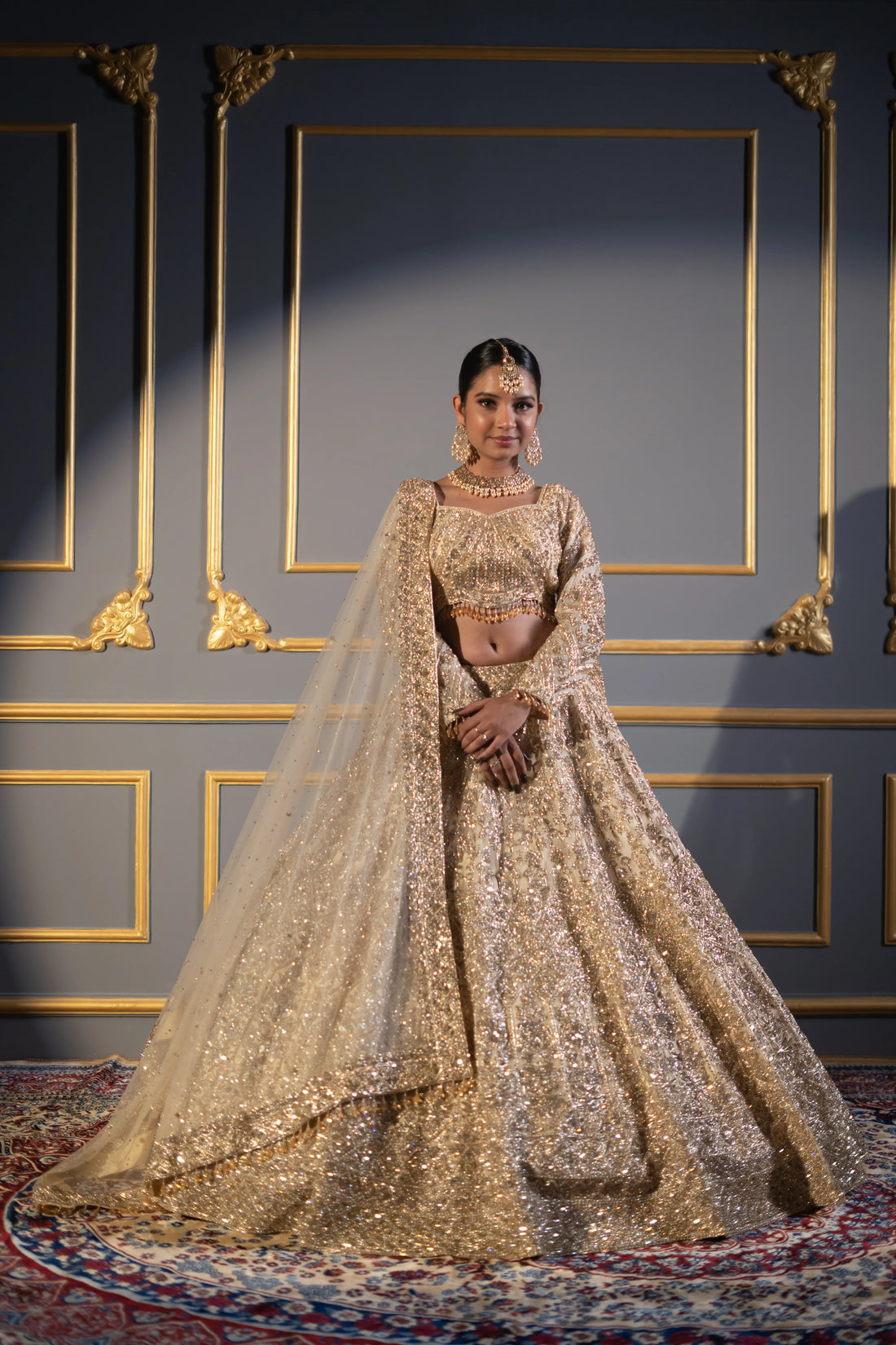 Champagne Gold Heavy Cutdana & Sequin Embroidered Bridal Lehenga