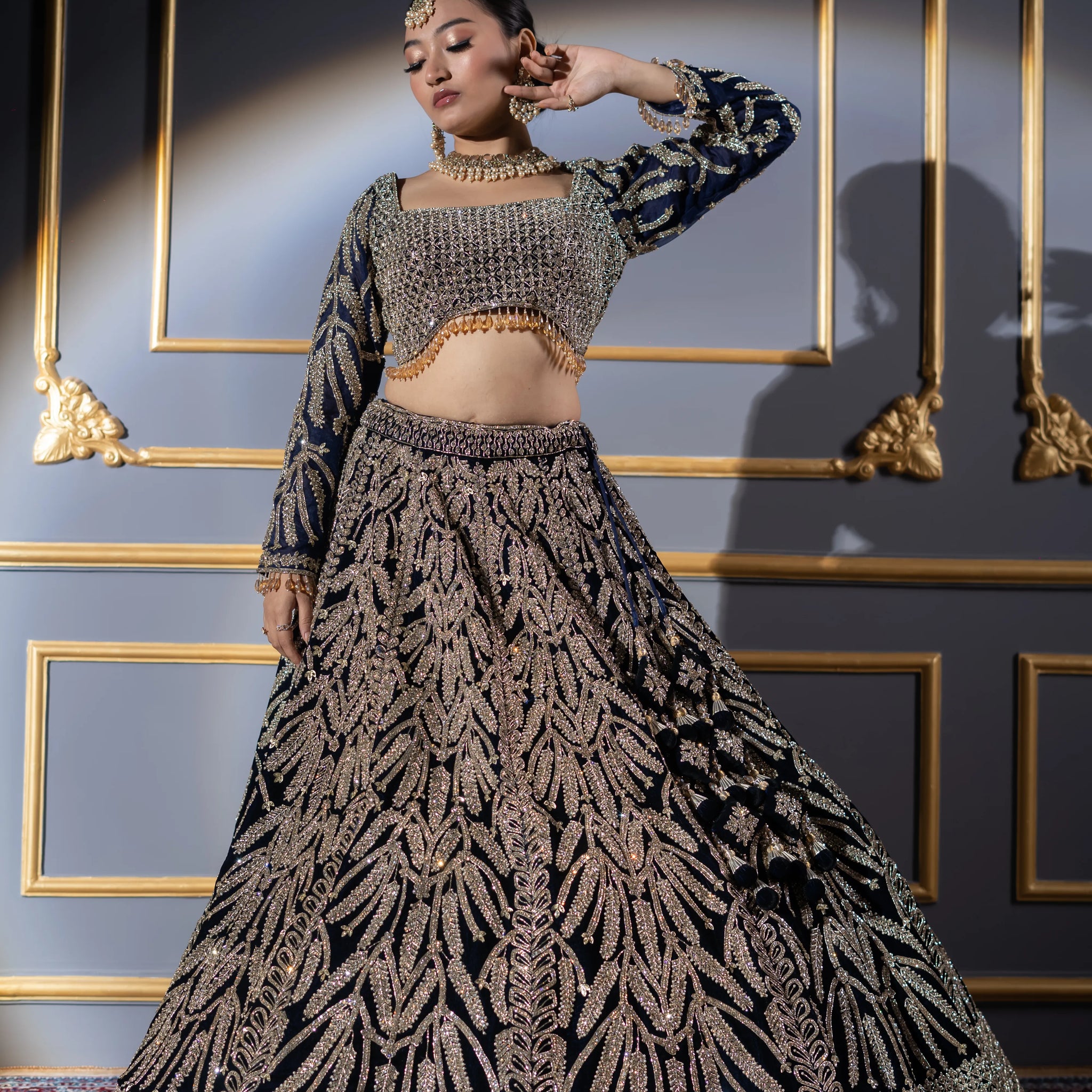 Midnight Blue Velvet Fern Motif Embroidered Bridal Lehenga