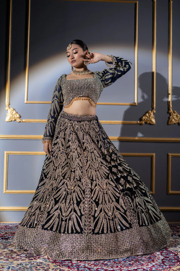 Midnight Blue Velvet Fern Motif Embroidered Bridal Lehenga