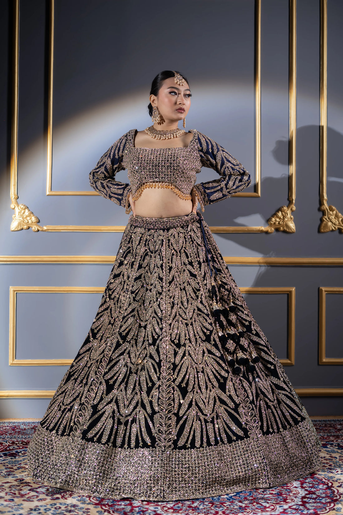 Midnight Blue Velvet Fern Motif Embroidered Bridal Lehenga