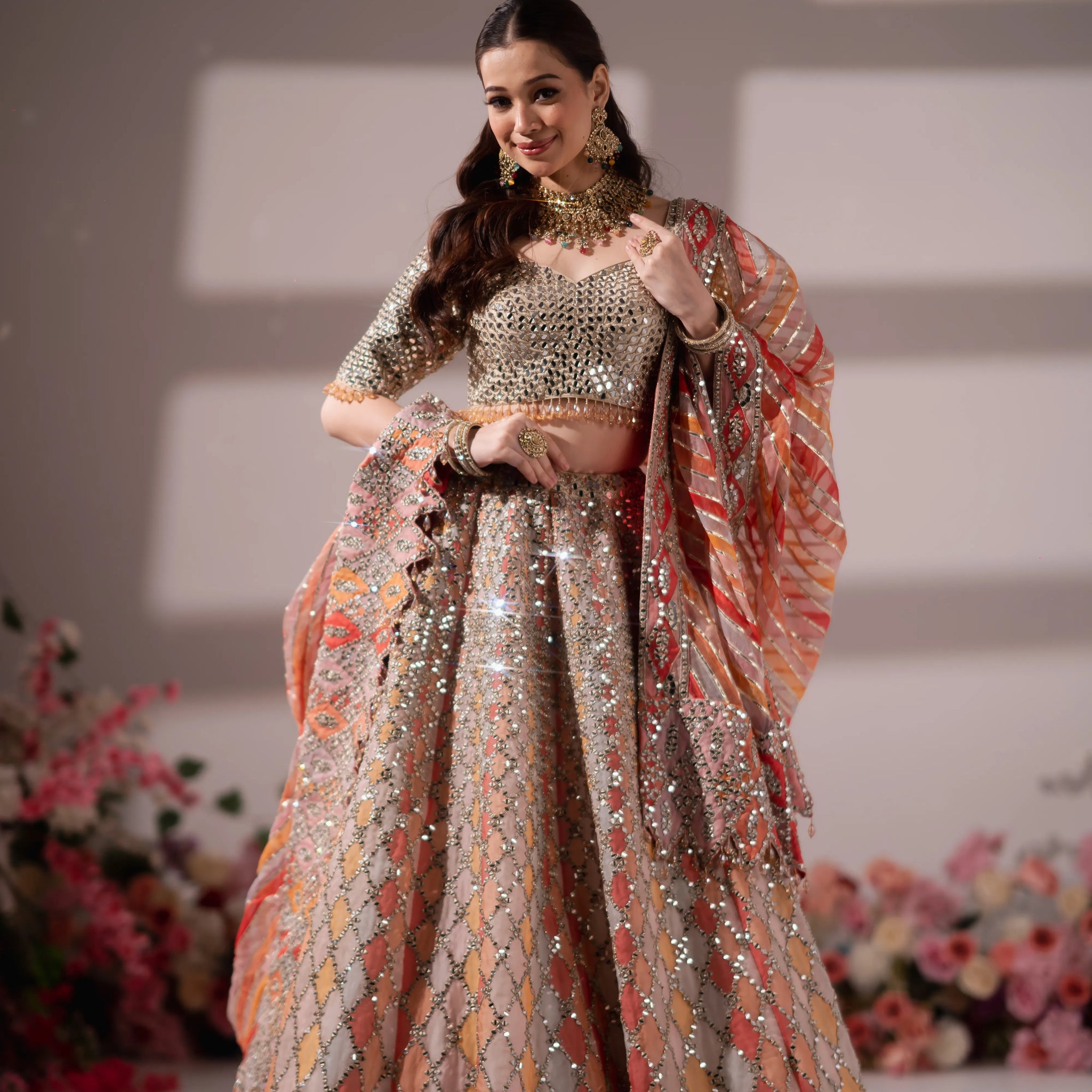 Sunset Sparkle Chevron Mirror Work Lehenga Choli