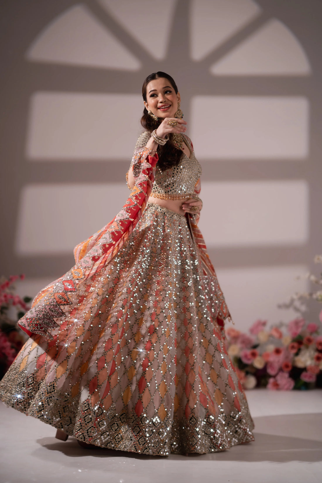 Peach & Orange Multi-Color Geometric Mirror Work Bridal Lehenga