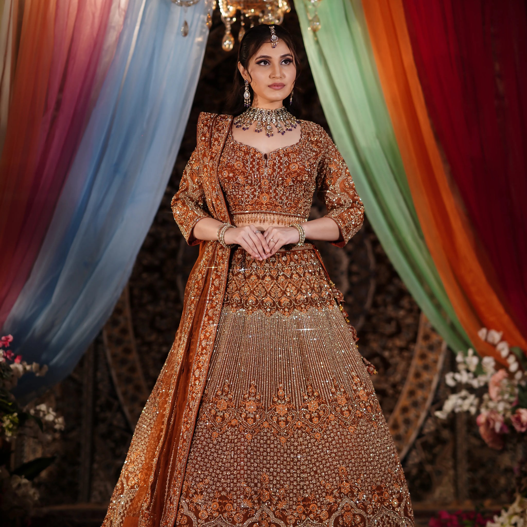 Rust Copper Heavy Zardosi & Architectural Sequin Lehenga Set
