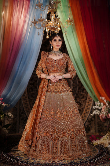 Rust Copper Heavy Zardosi & Architectural Sequin Lehenga Set