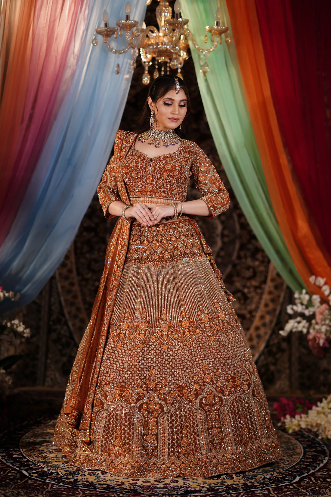 Rust Copper Heavy Zardosi & Architectural Sequin Lehenga Set