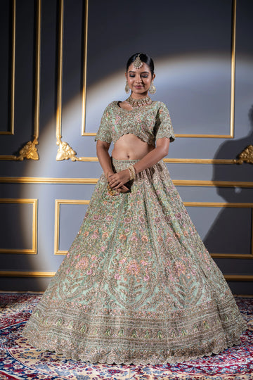 Mint Green & Pink Floral Embroidered Scalloped Bridal Lehenga