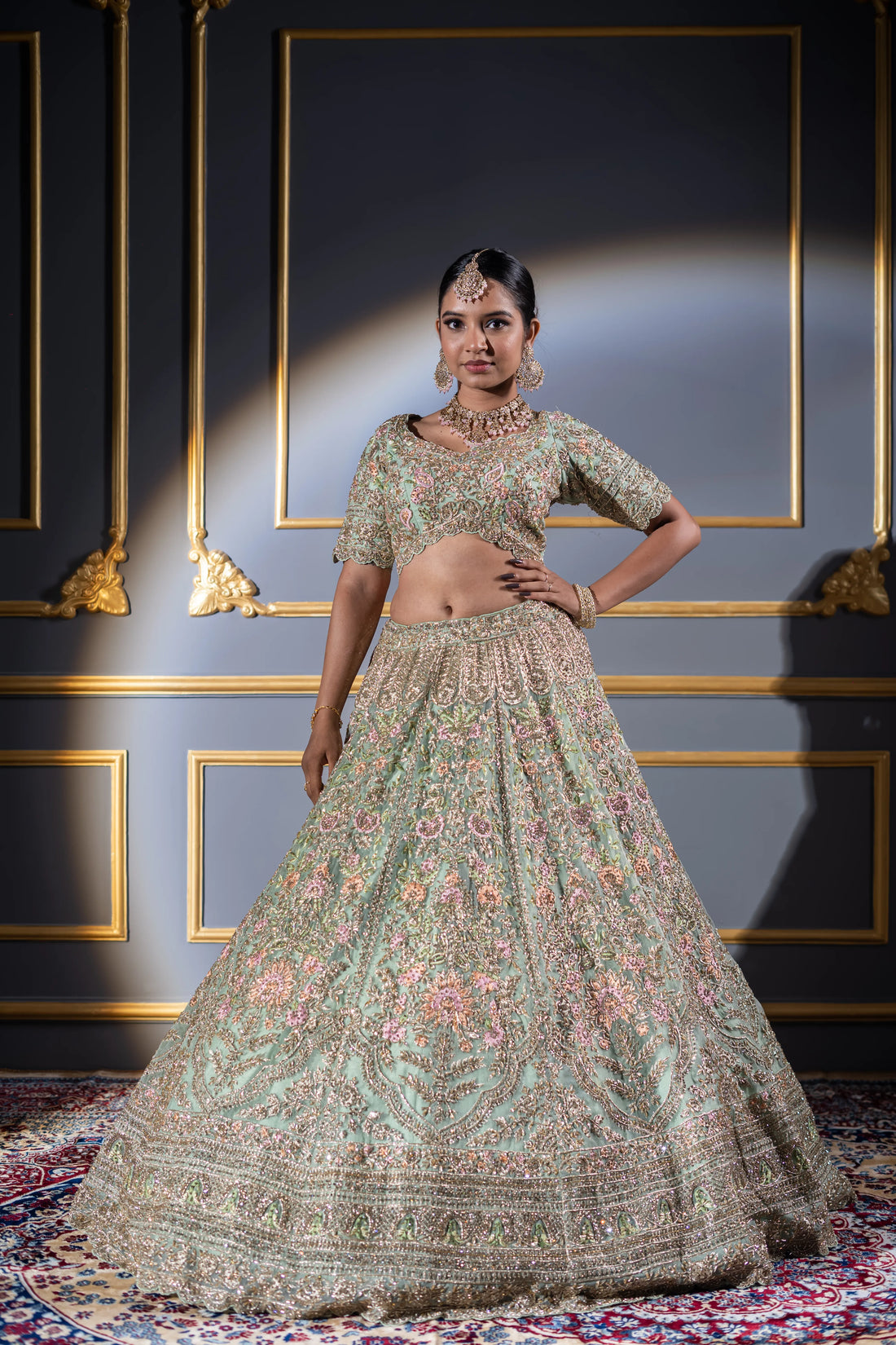 Mint Green & Pink Floral Embroidered Scalloped Bridal Lehenga