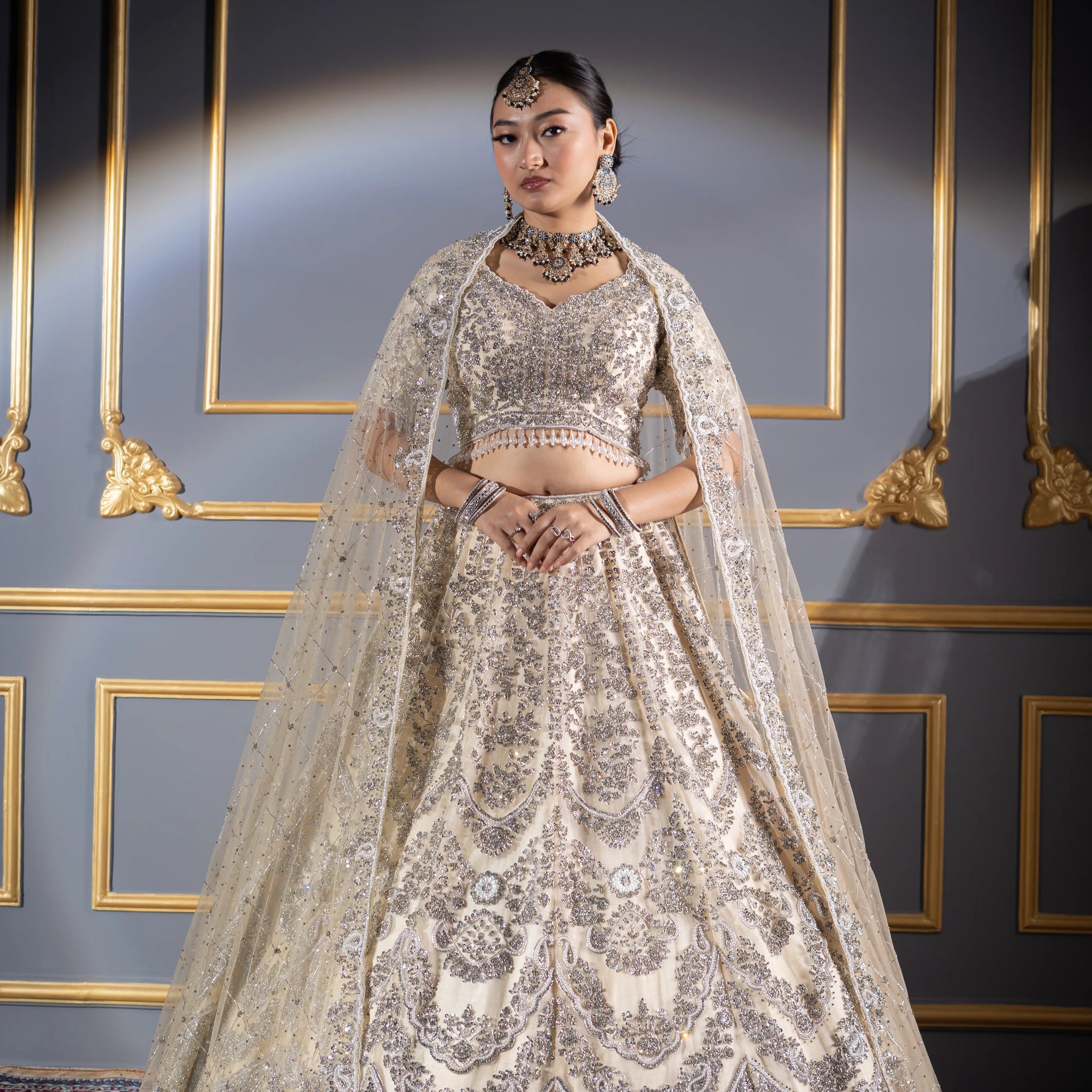 Ivory Silver Scalloped Zardosi Embroidered Bridal Lehenga