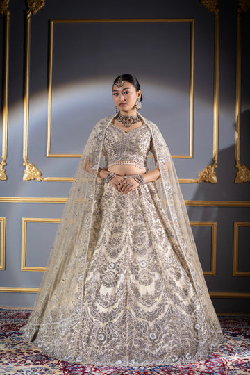 Ivory Silver Scalloped Zardosi Embroidered Bridal Lehenga