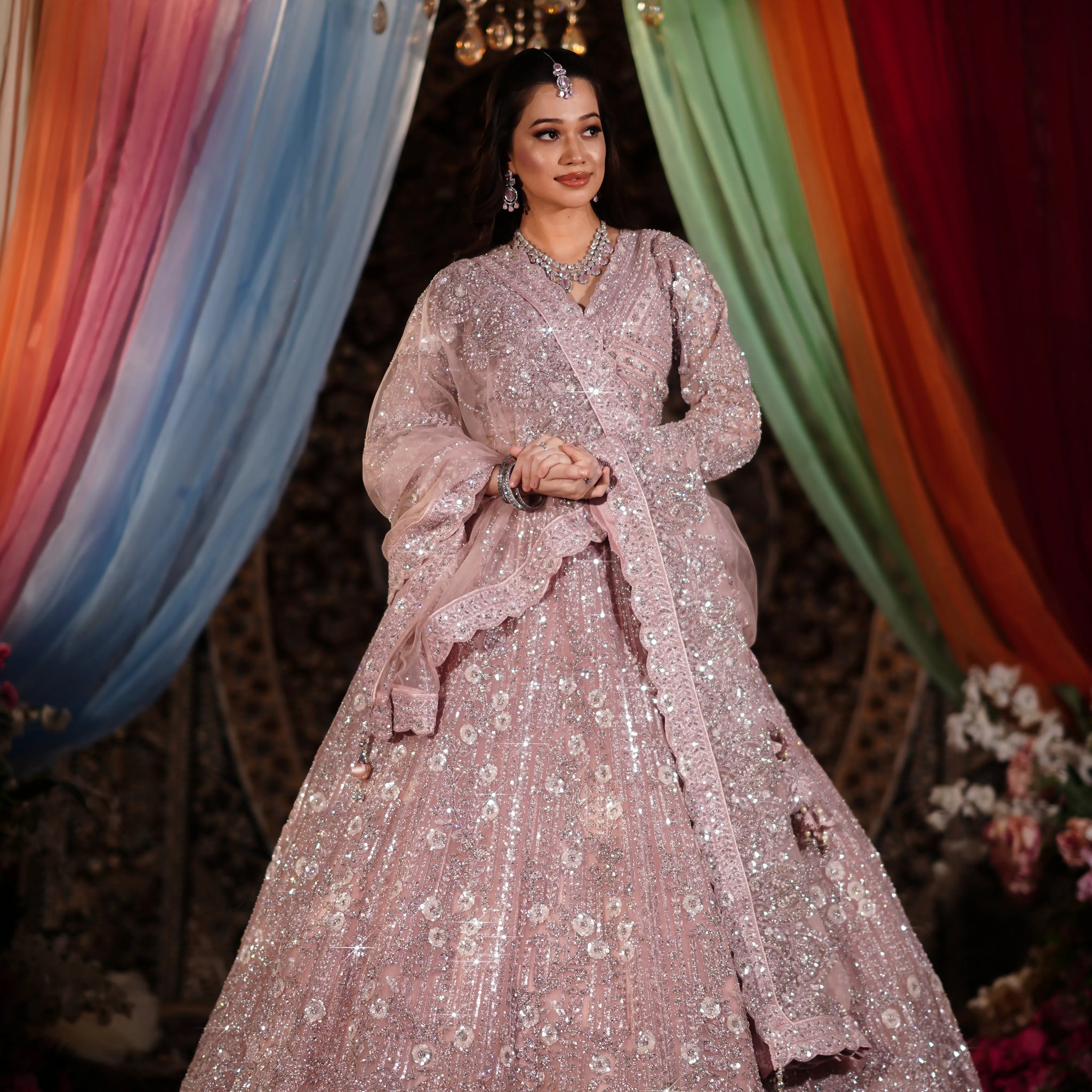 Dusty Pink Heavy Sequin & Floral Crystal Embroidered Lehenga Set