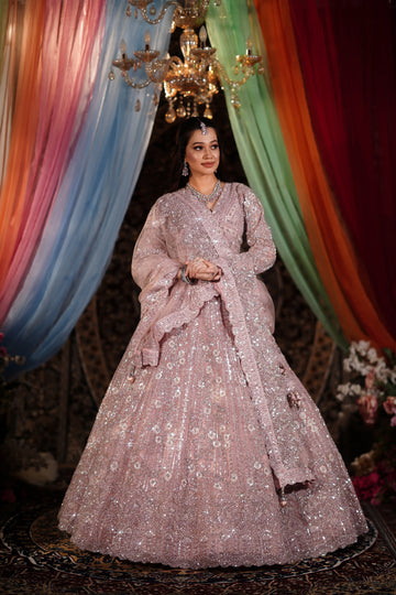 Dusty Pink Heavy Sequin & Floral Crystal Embroidered Lehenga Set