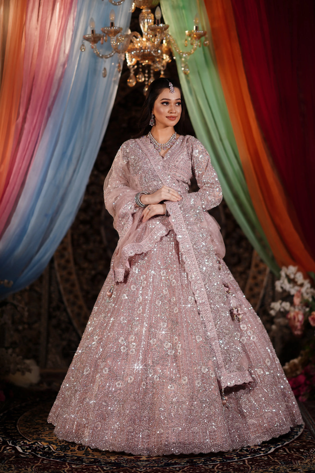 Dusty Pink Heavy Sequin & Floral Crystal Embroidered Lehenga Set