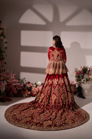 Deep Maroon Velvet Peplum Embroidered Bridal Lehenga