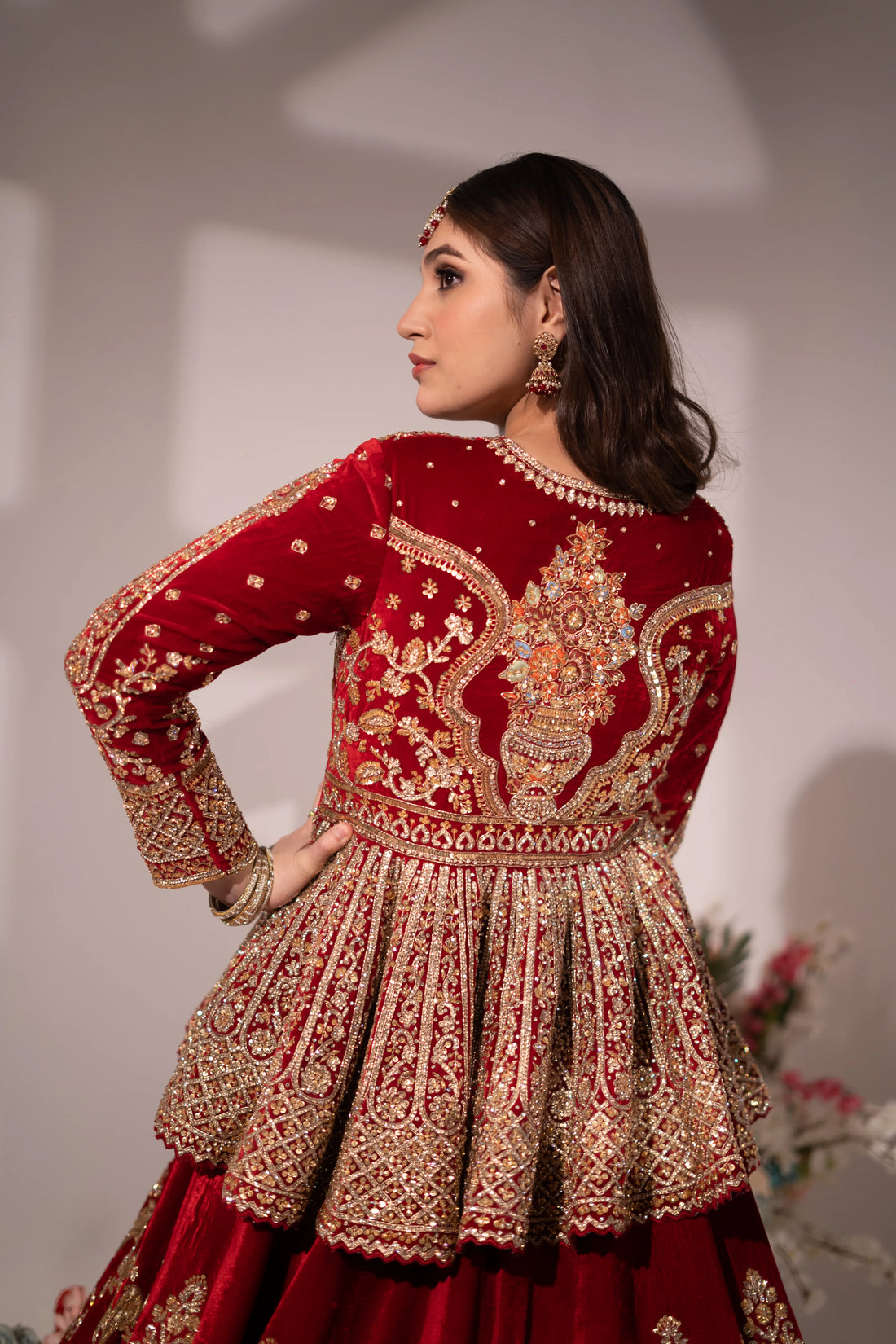 Deep Maroon Velvet Peplum Embroidered Bridal Lehenga