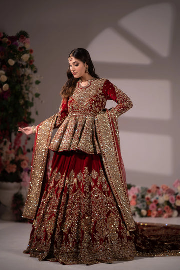 Deep Maroon Velvet Peplum Embroidered Bridal Lehenga
