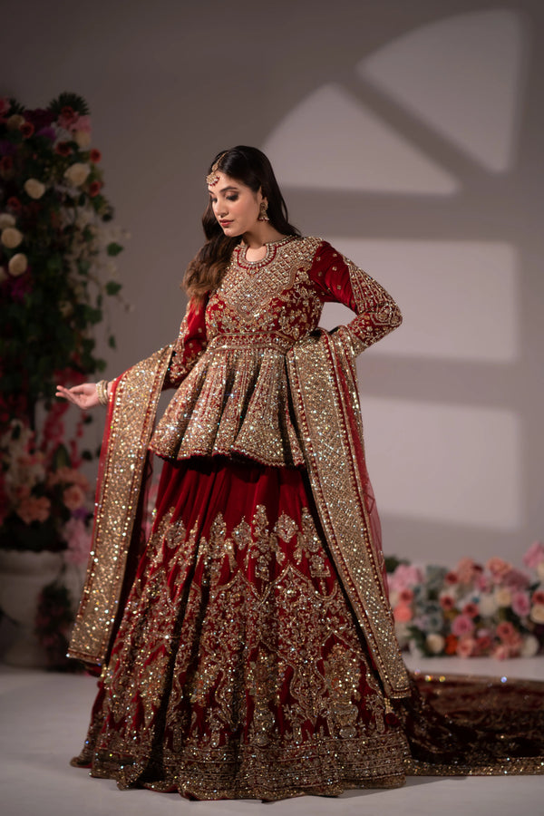 Deep Maroon Velvet Peplum Embroidered Bridal Lehenga