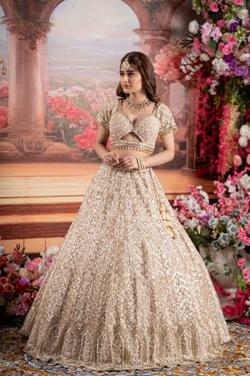 Champagne Gold Geometric Sequin & Cut-Out Bridal Lehenga