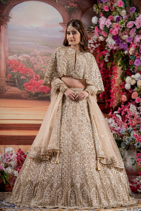 Champagne Gold Geometric Sequin & Cut-Out Bridal Lehenga