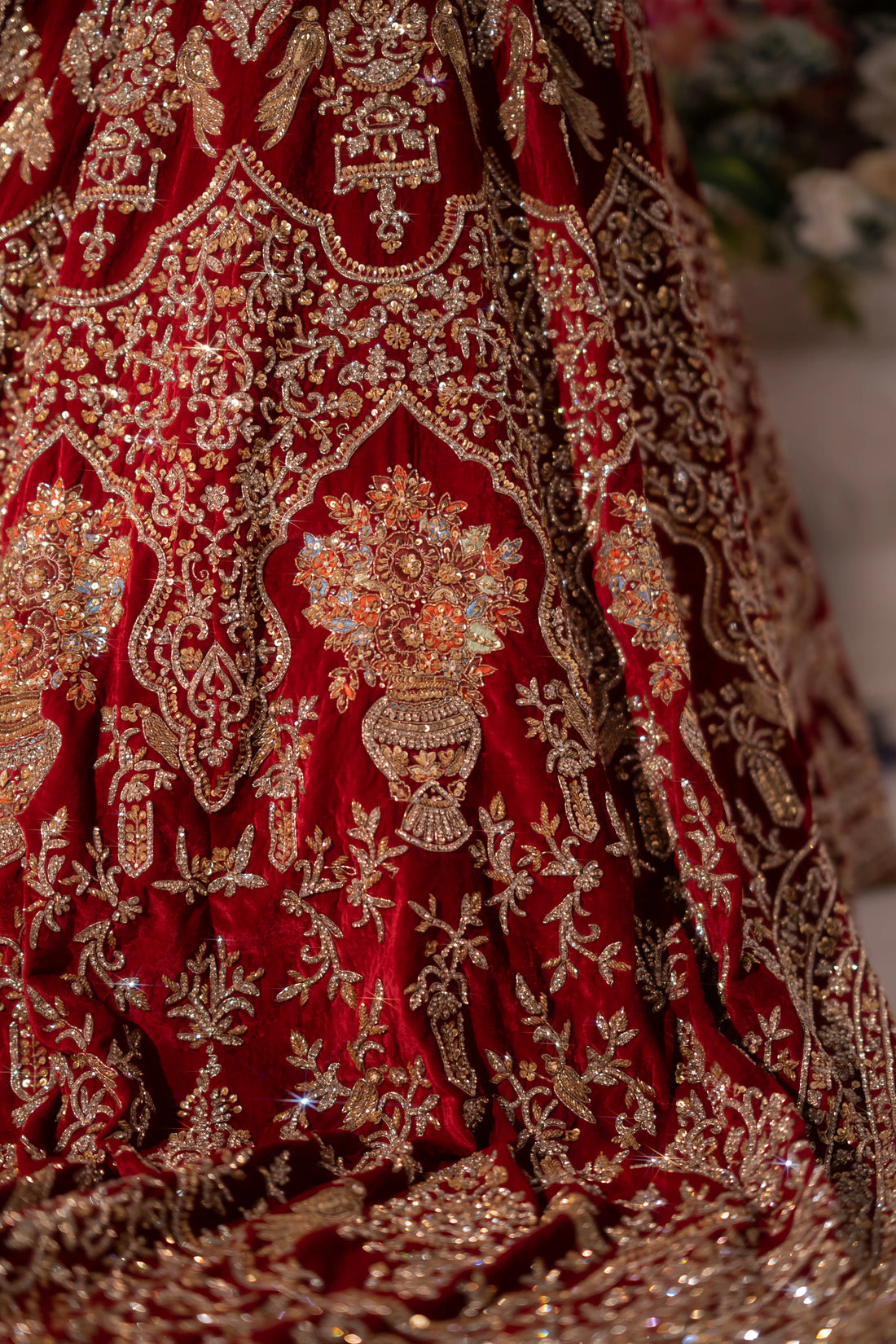 Deep Maroon Velvet Peplum Embroidered Bridal Lehenga