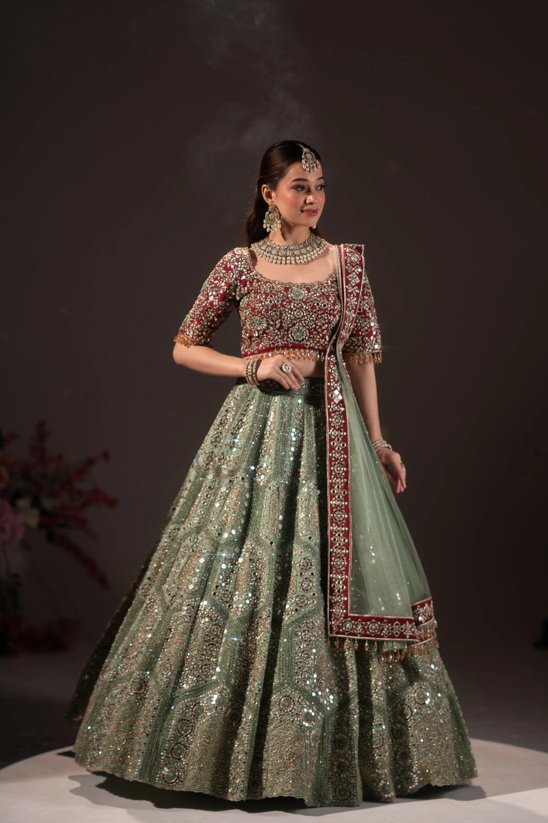 Seafoam Green & Maroon Contrast Mirror Work Bridal Lehenga