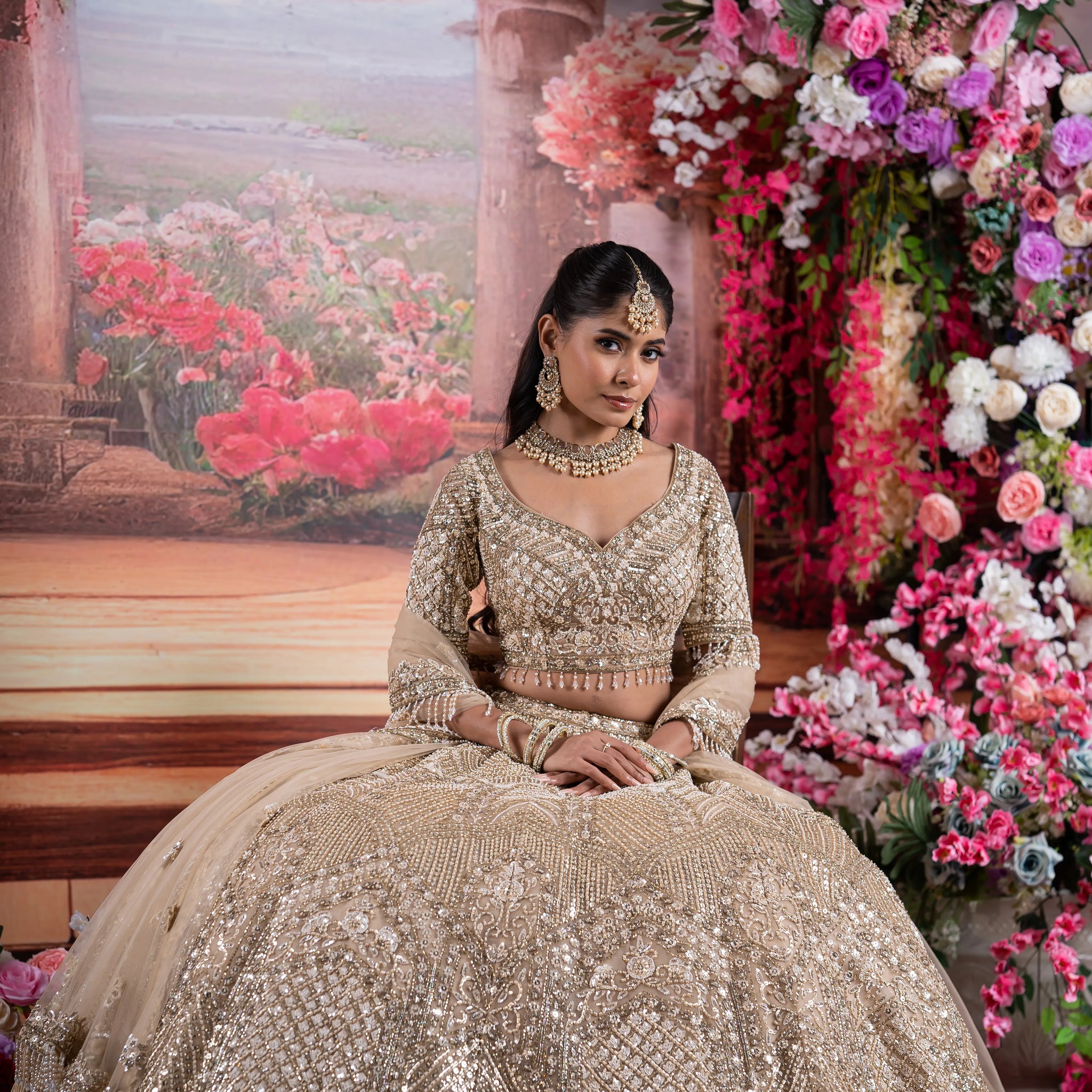 Champagne Gold Geometric Zardosi & Fringe Embroidered Bridal Lehenga