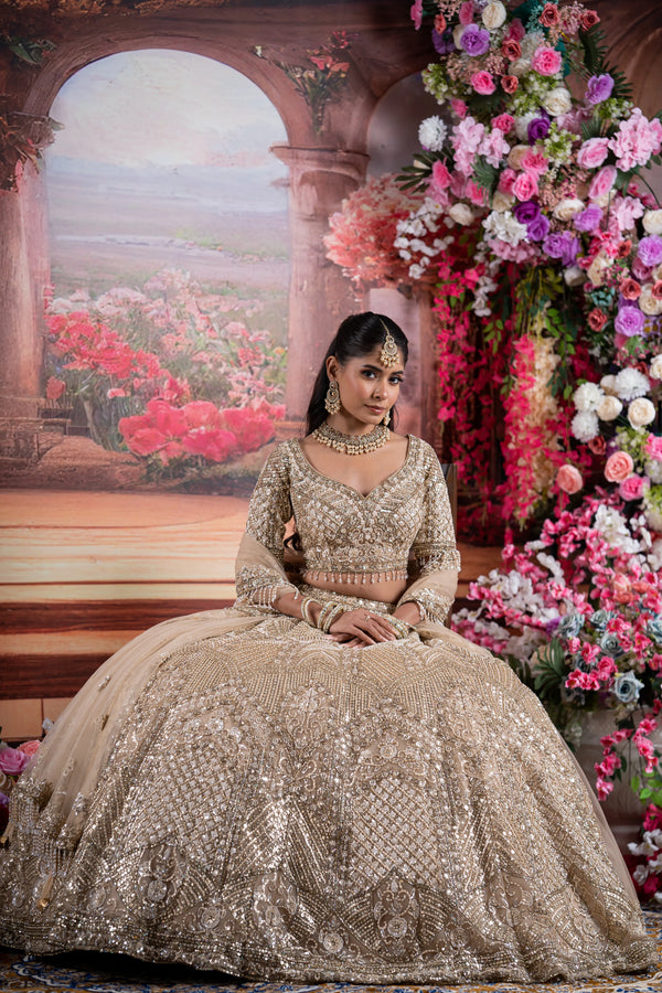 Champagne Gold Geometric Zardosi & Fringe Embroidered Bridal Lehenga