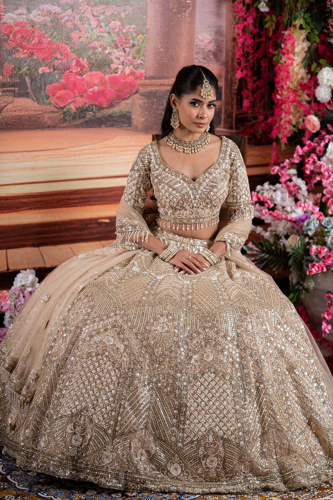 Champagne Gold Geometric Zardosi & Fringe Embroidered Bridal Lehenga