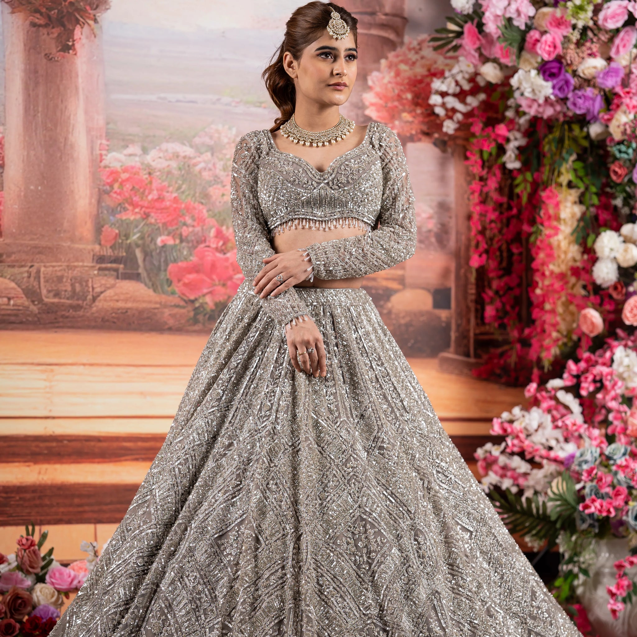 Steel Grey Heavy Silver Crystal & Geometric Embroidered Bridal Lehenga