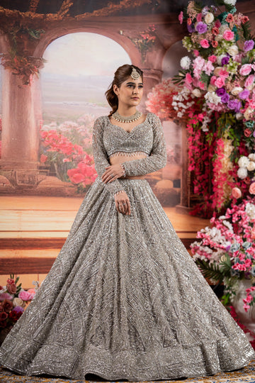 Steel Grey Heavy Silver Crystal & Geometric Embroidered Bridal Lehenga