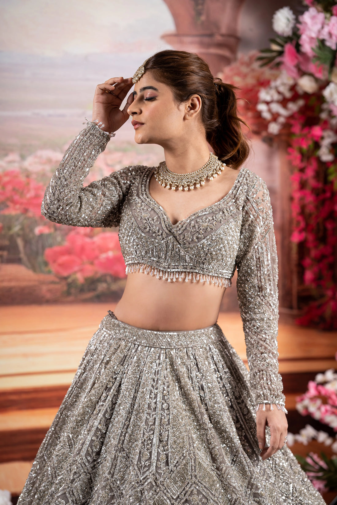 Steel Grey Heavy Silver Crystal & Geometric Embroidered Bridal Lehenga