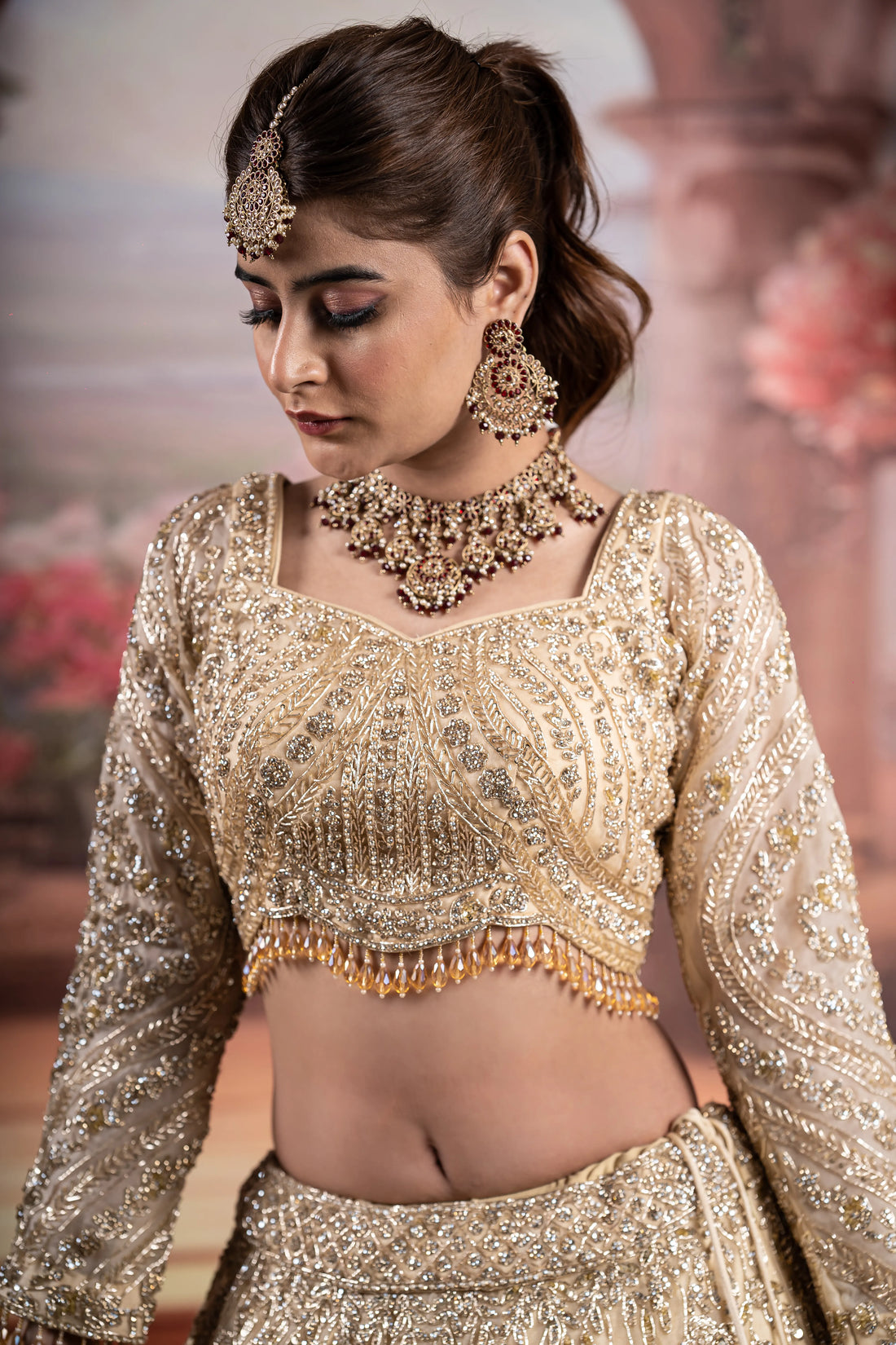 Champagne Gold Heavy Zardosi & Geometric Embroidered Bridal Lehenga