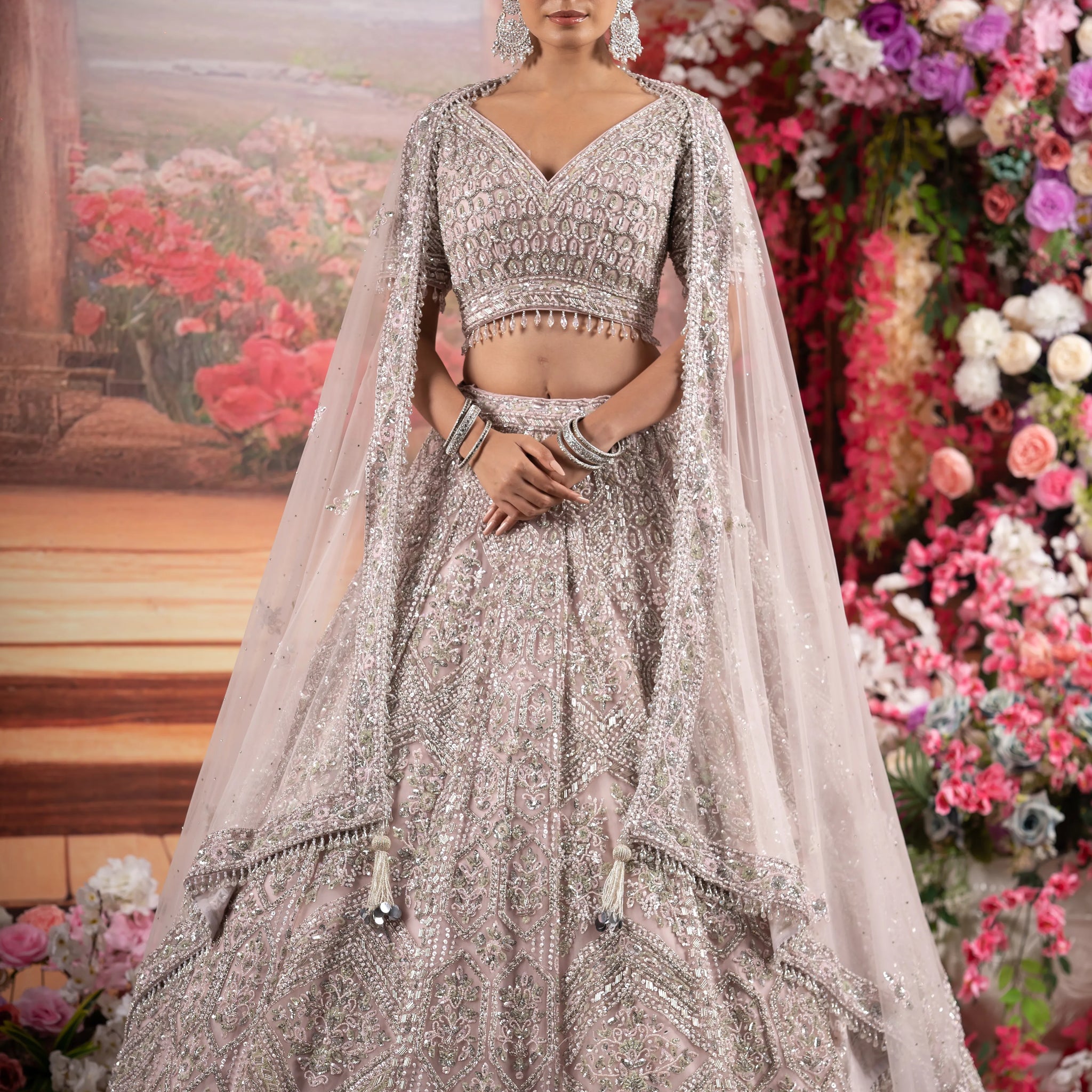 Dusty Lilac Pink Geometric Silver Crystal Bridal Lehenga
