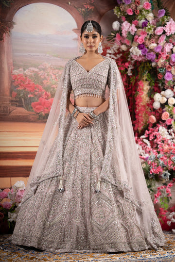 Dusty Lilac Pink Geometric Silver Crystal Bridal Lehenga