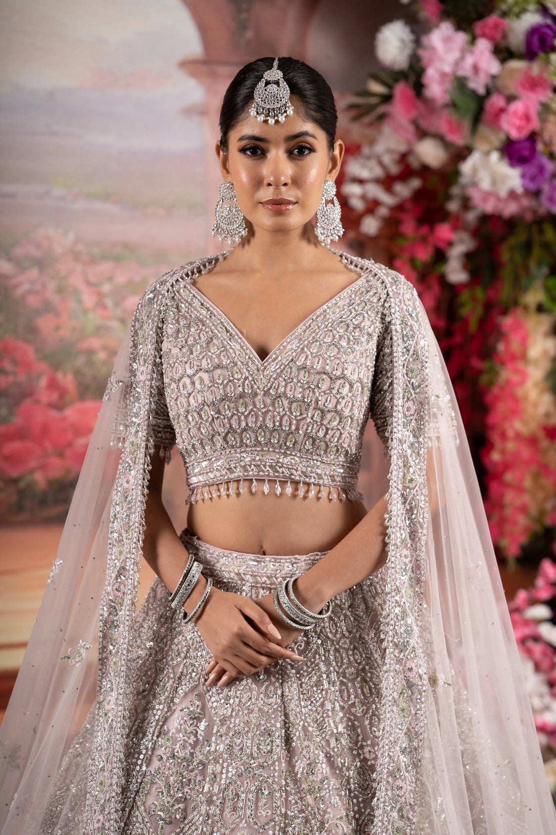Dusty Lilac Pink Geometric Silver Crystal Bridal Lehenga