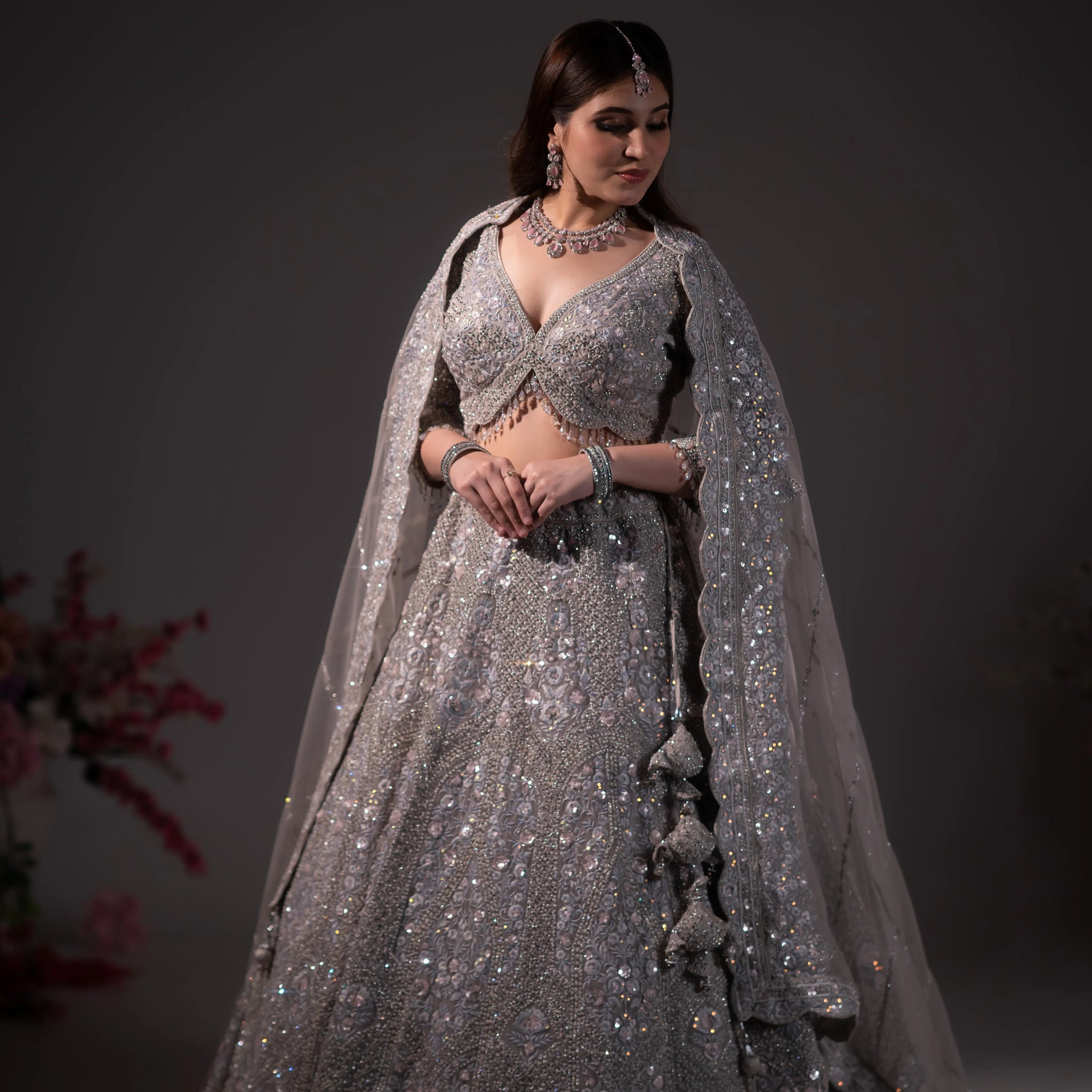Gunmetal Grey Crystal & Sequin Embroidered Lehenga Set