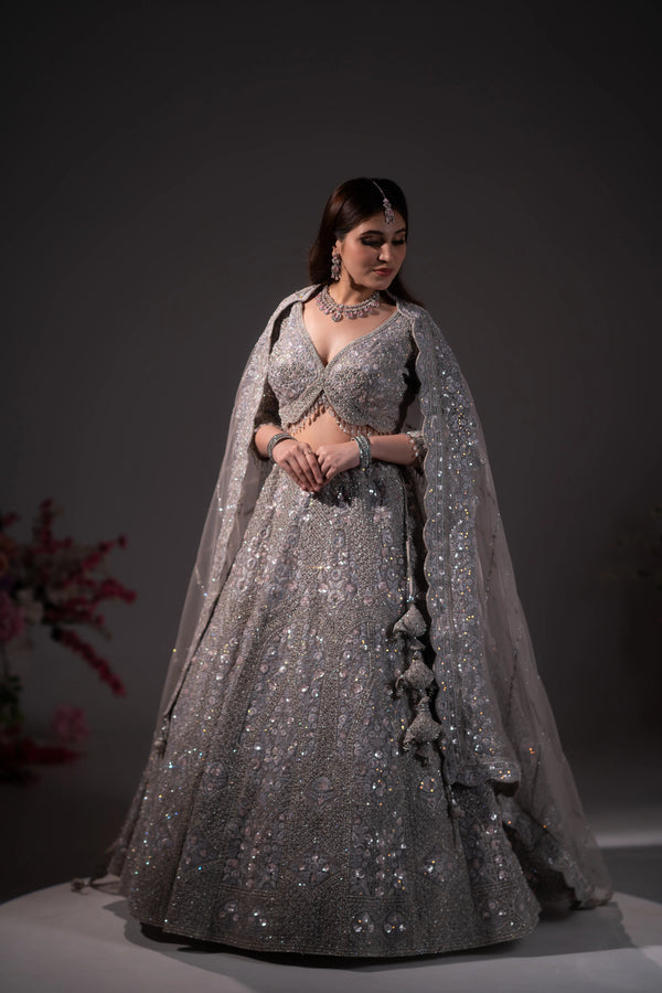 Gunmetal Grey Crystal & Sequin Embroidered Lehenga Set