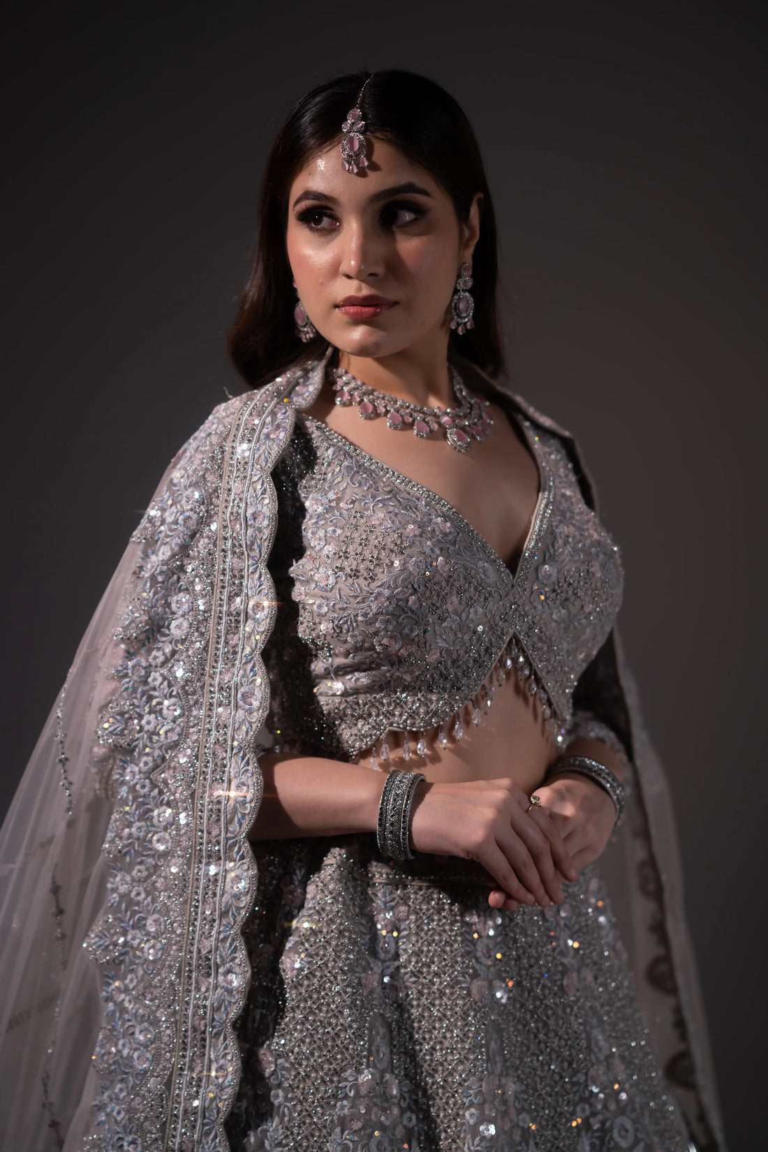 Gunmetal Grey Crystal & Sequin Embroidered Lehenga Set