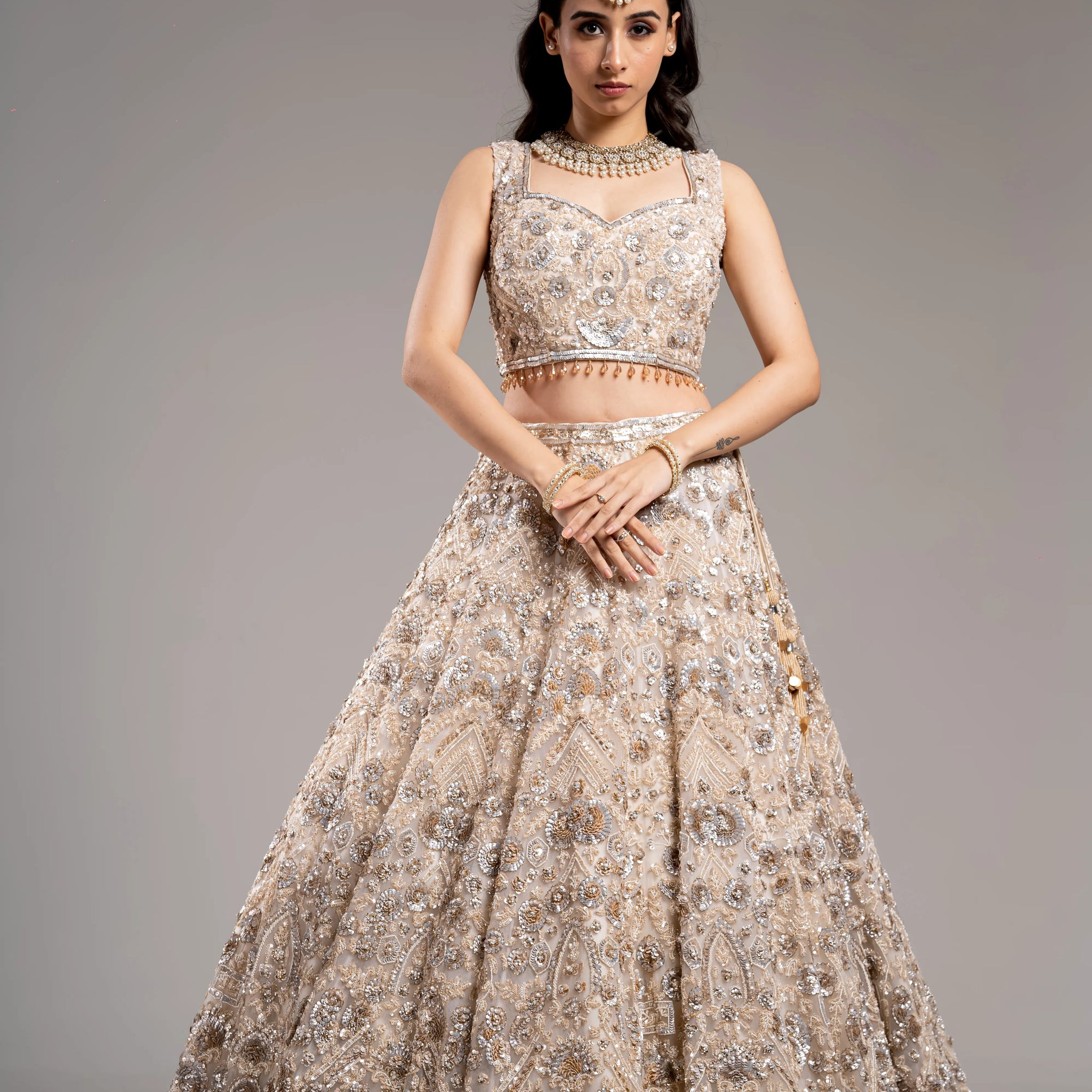 Champagne Ivory Silver & Gold Zardosi Embroidered Bridal Lehenga